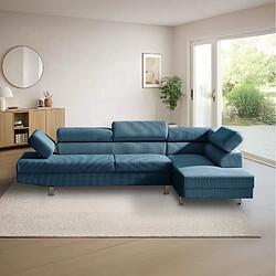 INTENSE DECO Canapé d'angle droit avec têtières relevables Palerme velours côtelé bleu