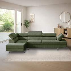 INTENSE DECO Canapé d'angle gauche avec têtières relevables Palerme velours côtelé vert