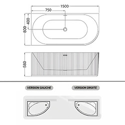 OTITEC Baignoire d'angle droite - 150 x 75 cm - Blanc brillant rainure avec bonde noire - PERLE pas cher