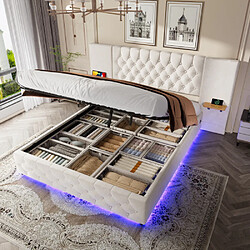 modfu Lit coffre 160x200 cm, LED et ports USB, avec tête de lit, en velours, beige