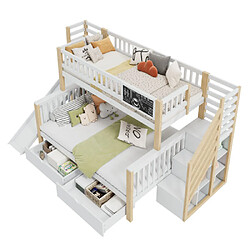 Acheter modfu Lit superposé enfant 90x200 et 140x200 cm, avec escalier rangement, en bois, blanc