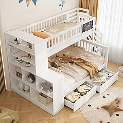 modfu Lit superposé enfant 90x200 et 140x200 cm, avec escaliers de rangement, en bois, blanc
