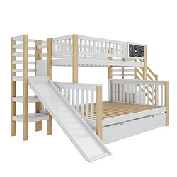 modfu Lit superposé enfant 90x200 et 140x200 cm, avec escalier rangement, en bois, blanc pas cher