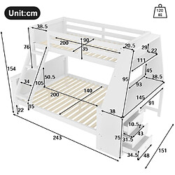 Avis modfu Lit superposé 90x200 cm et 140x200 cm, avec bureau et rangements, en bois, blanc