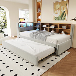 modfu Lit gigogne 90x200/90x190 cm, avec LED et ports USB et Type-C, en tissu, gris clair