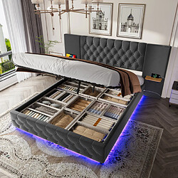 modfu Lit coffre 140x200 cm, LED et ports USB, avec tête de lit, en velours, gris