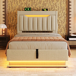Avis Merax Lit Simple Capitonné 90x200cm-avec Tête De Lit Coffre-ports USB Et Type-c-LED-beige
