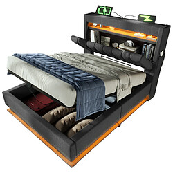 Merax Lit Simple Capitonné 90x200cm-avec Tête De Lit Coffre-ports USB Et Type-c-LED-gris