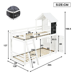 Avis modfu Lit superposé enfant 90x200 cm, avec porte et tableau, en bois, blanc