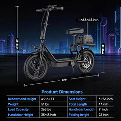 AOVOPRO Trottinette électrique Avec Siège et Boîte de Rangement 14 pouces- 500W - 22.5Ah - Noir