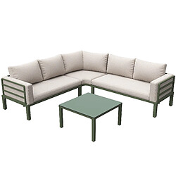 Merax Set Jardin 4-5 Places - Cadre Fer Vert, Table Verre Trempé + Coussins Beige Réglables