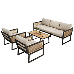 Merax Canapé De Jardin-salon De Jardin-4 Pièces-les Accoudoirs En Corde Tressée-beige