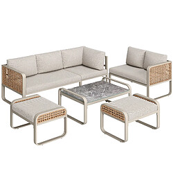 Merax Canapé Jardin 6-7 Places - Rotin, Structure Acier Galvanisé-Coussins Inclus-Beige