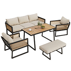 Merax Canapé De Jardin-salon De Jardin-5 Pièces-les Accoudoirs En Corde Tressée-beige