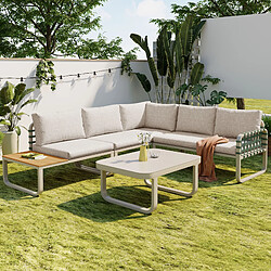 Merax Set Lounge 4-5 Places - Rotin Vert, Finition Cuir, Coussins Inclus, Couleur Abricot