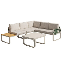 Merax Set Lounge 4-5 Places - Rotin Vert, Finition Cuir, Coussins Inclus, Couleur Abricot