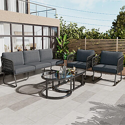 Merax Set Jardin 5 Places - Corde Grise, Pieds Réglables, Table Verre + Coussins Inclus