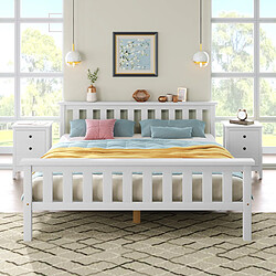 PINGGO Lit double en bois massif 140x200cm, sommier à lattes, pin blanc, adulte/enfant