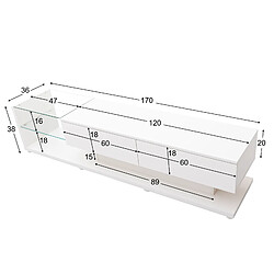 Avis modfu Meuble TV blanche brillante 170x36x38 cm, 2 étagères en verre, avec LED