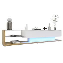 Acheter modfu Meuble TV blanc brillant et couleur bois 170x36x38 cm, 2 étagères en verre, avec LED