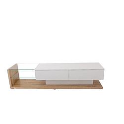 modfu Meuble TV blanc brillant et couleur bois 170x36x38 cm, 2 étagères en verre, avec LED pas cher