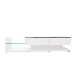 modfu Meuble TV blanche brillante 170x36x38 cm, 2 étagères en verre, avec LED pas cher