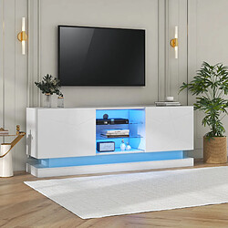 modfu Meuble TV blanc mat 160x38,5x60 cm, 1 étagère en verre, avec LED