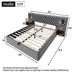 Acheter Merax Lit Double 180x200cm-avec Rangement Hydraulique-tables De Chevet Intégrées-en Velours-gris