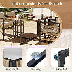 Acheter DZMDIP Salon ext tressé main, coussin, table verre+4 fauteuils, résistant pluie, Beige+Noir