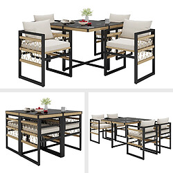 DZMDIP Salon ext tressé main, coussin, table verre+4 fauteuils, résistant pluie, Beige+Noir