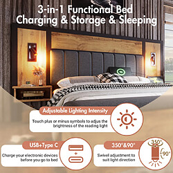 Merax Lit Double 180×200cm-Lampe De Lecture-usb/type-c-table De Chevet Et Banc-en Bois-naturel pas cher