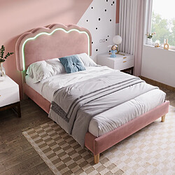 Merax Lit Enfant Avec Éclairage LED-lit Simple 90x190 Cm-tête De Lit Réglable-en Velours-rose