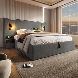 Avis Merax Lit 180x200 Cm Avec Lampe De Lecture-usb Type-c-en Bois Massif-en Velours Côtelé-gris