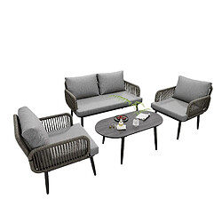 DZMDIP Salon de jardin – Corde tressée main – Plateau verre effet bois –Coussins inclus – Gris