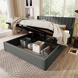 Merax Lit Double Hydraulique 140x200cm-lit Coffre-système Hydraulique-lit En Bois-en Lin-gris 