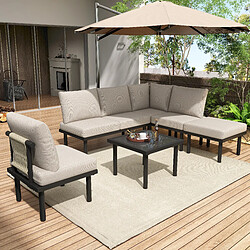 DZMDIP Salon de jardin 6 pièces – Pieds réglables – Plateau verre lisse – Coussins inclus, Beige