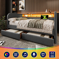 Merax Canapé-lit 140x190cm Avec Éclairage LED-Chargement USB-c-avec 2 Tiroirs-lit Double-gris