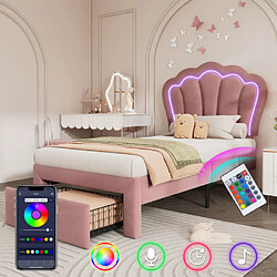 Merax Lit Enfant LED Simple 90 X 190 Cm-avec Tiroirs, Matelassé-lit Junior-en Velours-rose
