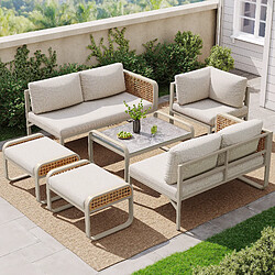 DZMDIP Ensemble salon jardin rotin 6-7 pers, pieds réglables, coussins inclus, beige