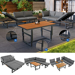 DZMDIP Salon de jardin extérieur– Dossier réglable – Table ajustable – Coussins inclus – Gris