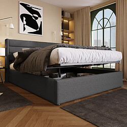 Merax Lit Double Hydraulique 180x200cm-lit Coffre-sommier à lattes en bois-en Lin-Gris