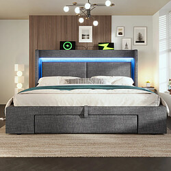 Avis Merax Lit Double 140x200 Cm-avec Rangement Hydraulique-Avec LED,usb + Type-c-en Lin-gris