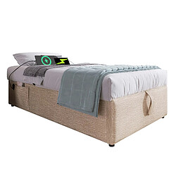 Merax Lit Simple 90×200 Cm-avec Port USB-c-avec Rangement Hydraulique-en Lin-beige