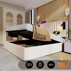 Merax Lit Double 180x200cm-avec Rangement-lampe De Lecture Avec Port USB-dossier Capitonn-beige pas cher