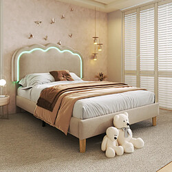 Avis Merax Lit Enfant Avec Éclairage LED-lit Simple 90x200 Cm-tête De Lit Réglable-en Lin-beige