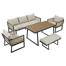 DZMDIP Ensemble repas de jardin 5 pièces – Plateau bois-plastique – Accoudoirs en corde tressée