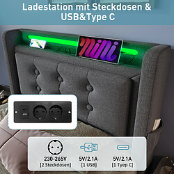 Merax Lit Simple 90x200cm-Tête De Lit LED Et Port USB-c-Rangement Hydraulique-en Bois-gris pas cher