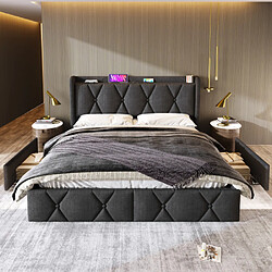 Merax Lit Rembourré Avec Fonction De Chargement USB-4 Tiroirs-lit Double 140x200cm-gris pas cher