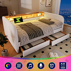 Merax Canapé-lit 140x190cm Avec Éclairage LED-Chargement USB-c-avec 2 Tiroirs-lit Double-beige