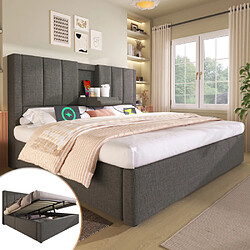 Merax Lit 180x200cm-lit Simple Multifonctionnel Avec Rangement, Recharge-lit Hydraulique-gris